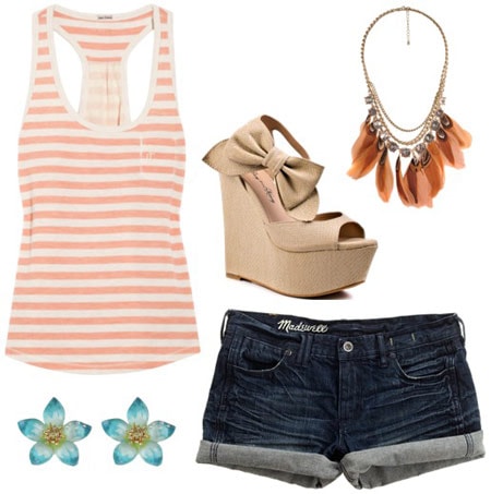 Outfit inspired by One Direction's What Makes You Beautiful video: Coral and white striped tank, denim cutoffs, bow wedges, statement necklace