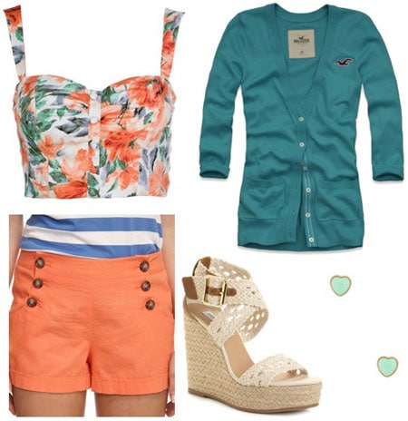 Outfit inspired by One Direction's What Makes You Beautiful video: Orange shorts with buttons, floral crop top, button-down cardigan, espadrille wedges