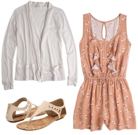 Outfit inspired by One Direction's What Makes You Beautiful video: Summery romper, cardigan sweater, beige sandals
