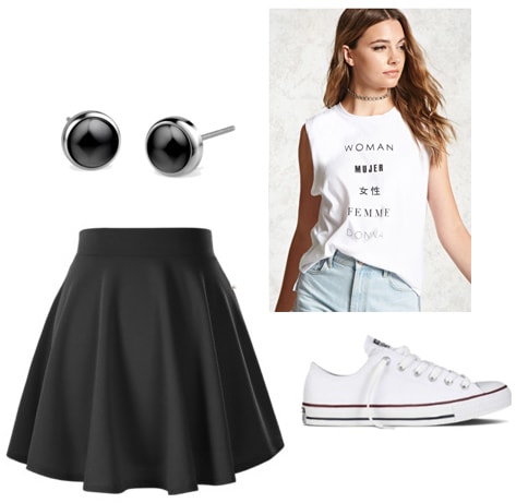 What to Wear with Tattoos: Outfit idea with basic black skirt, converse, tank, black earrings