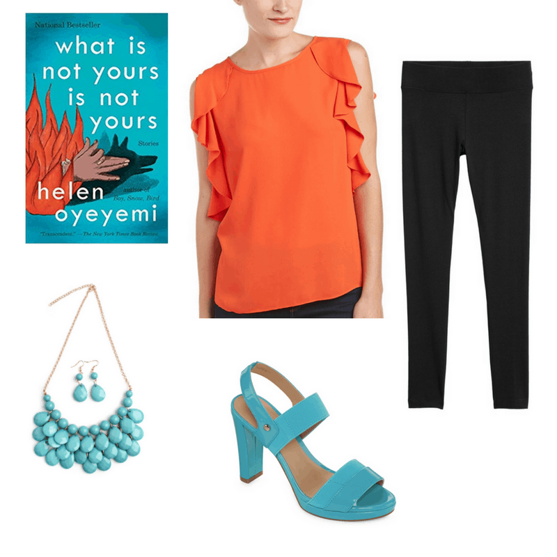 An outfit for the book What Is Not Yours Is Not Yours with an orange top, black leggings, turquoise jewelry, and turquoise heels.