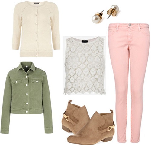 Fashion Inspired by Where the Sidewalk Ends: Pastel jeans, lace top, green jacket, ankle booties