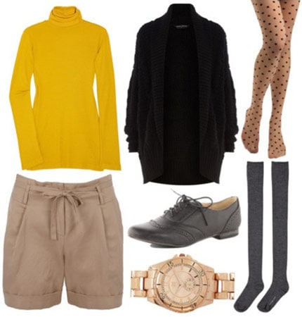 Whit Fall 2011 outfit 2 - yellow turtleneck, black sweater, khaki shorts, patterned tights, knee-high grey socks, oxfords