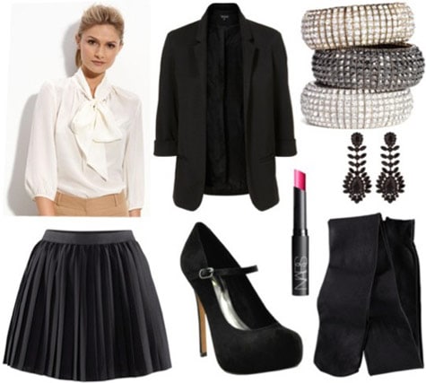 Whit Fall 2011 outfit 3 - Black flounce skirt, white button-down shirt, black blazer, black mary-jane pumps, opaque tights, earrings, bracelets, lipstick