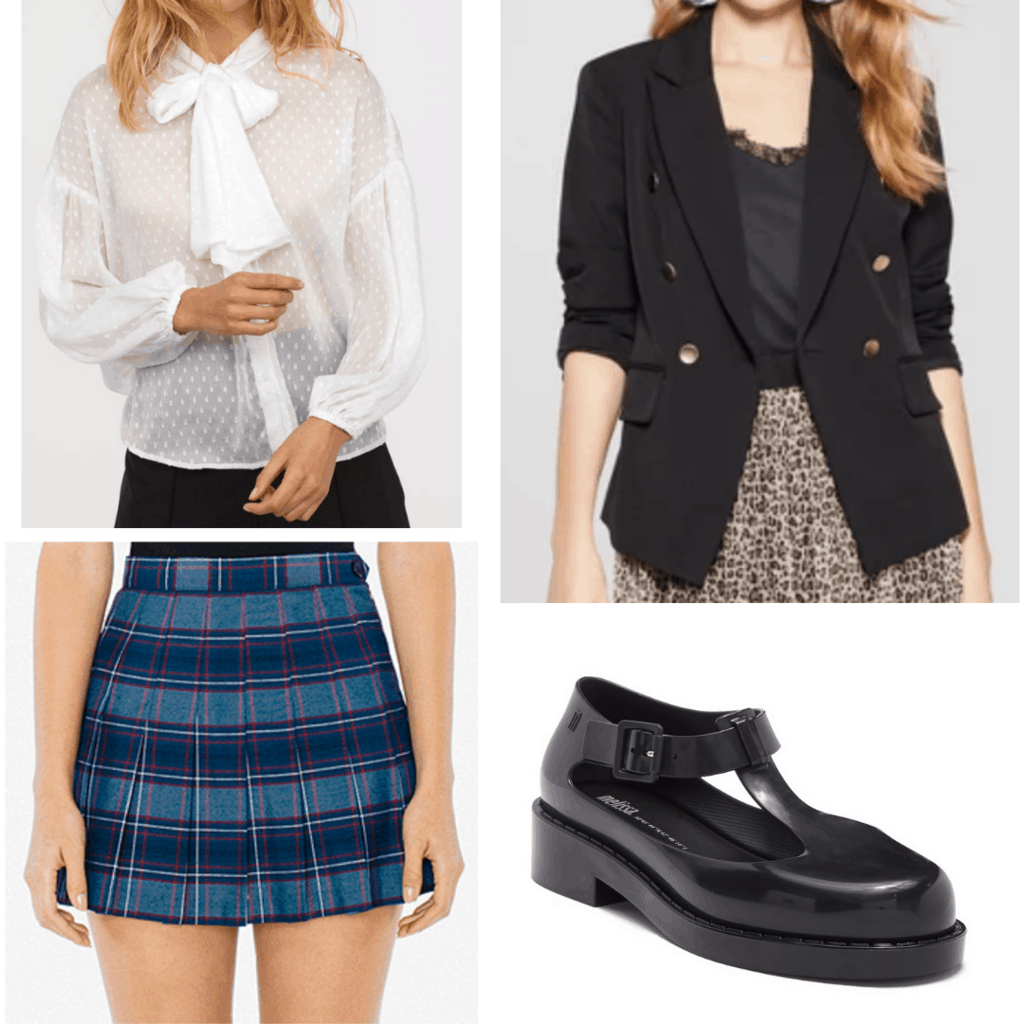 White blouse with blue plaid skirt, black blazer, and black mary janes