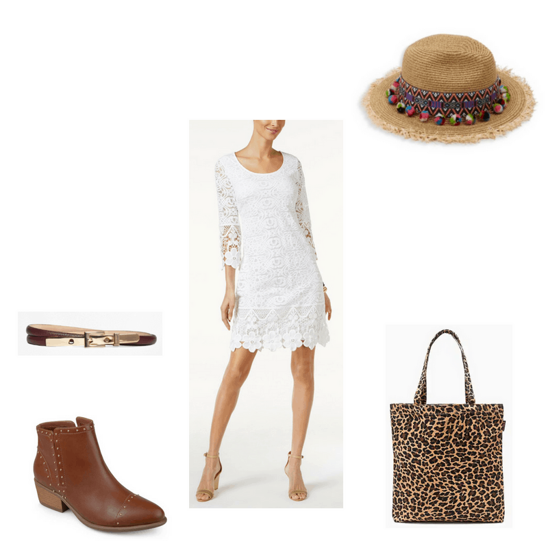 Outfit with white crochet dress, studded booties, leopard print tote, pom pom hat, and skinny belt