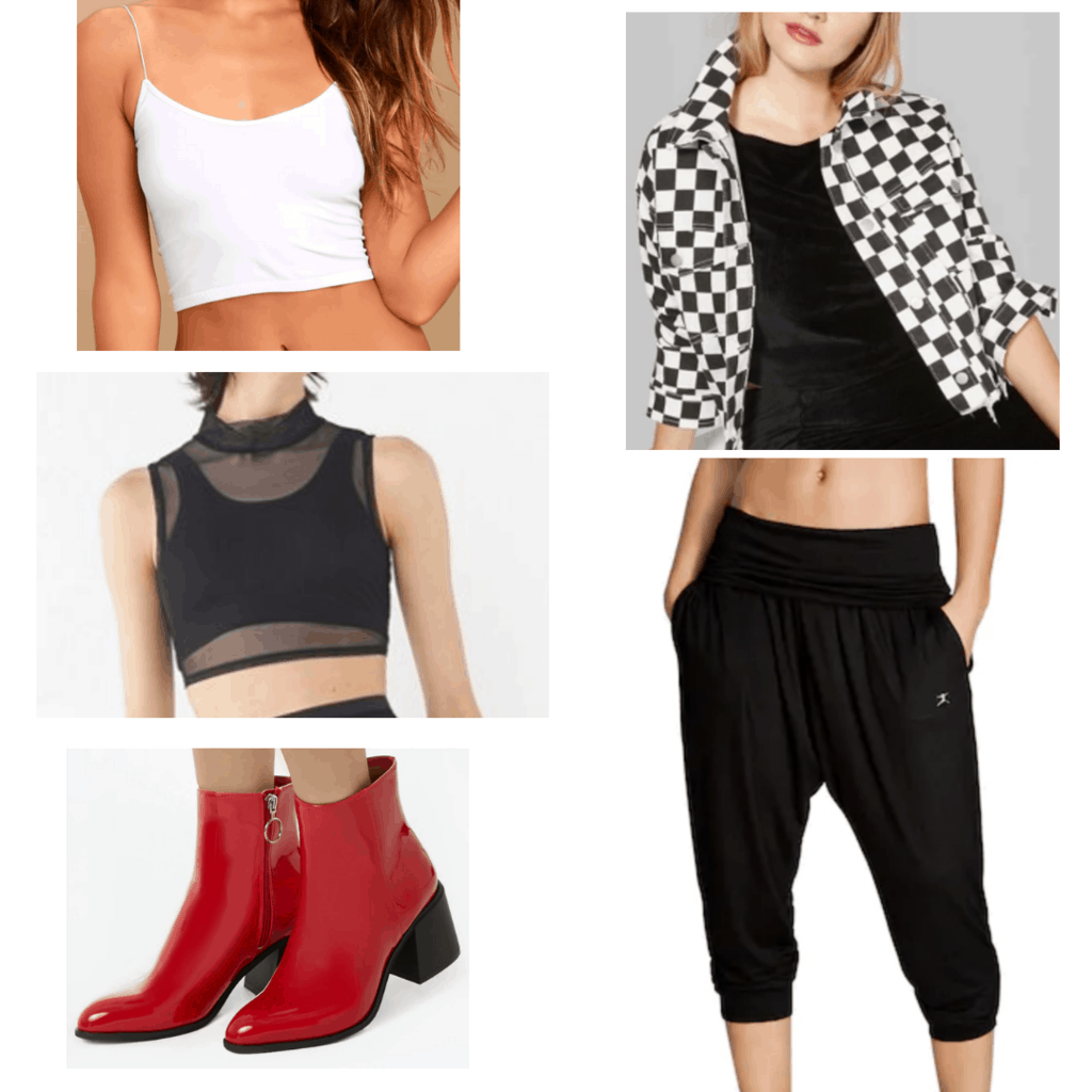 White longline bralette with black mesh turtle neck, black and white checkered jacket, black harem pants, and red boots