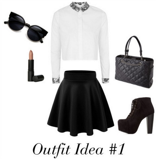 Audrey Hepburn outfit 1 - Black and white look with sunglasses, quilted tote, Lita boots