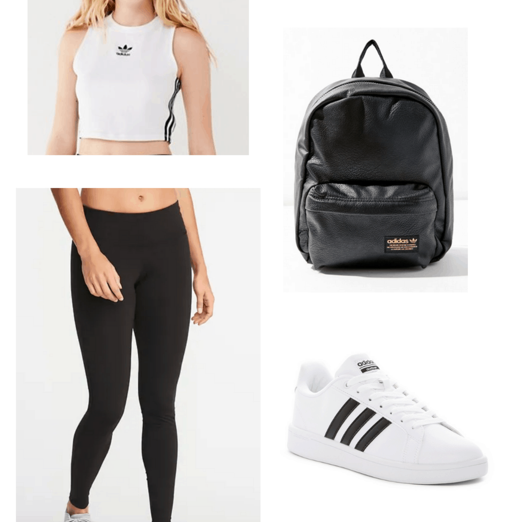 White Adidas crop with Adidas sneakers and backpack, black leggings