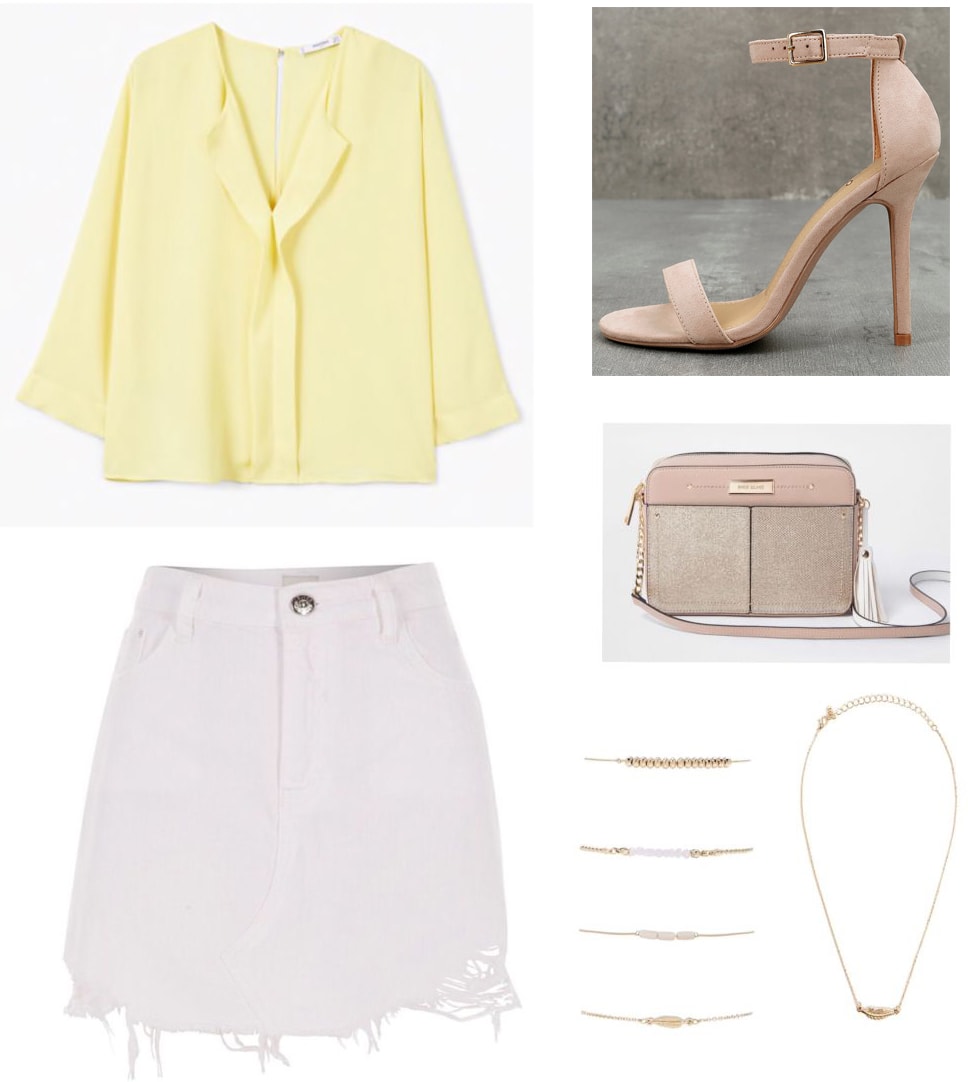 White denim skirt outfit: Yellow ruffle front long sleeve blouse, nude strappy heels, nude bag, gold jewelry