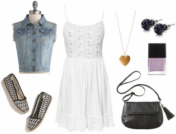 White dress, espadrille flats, denim vest