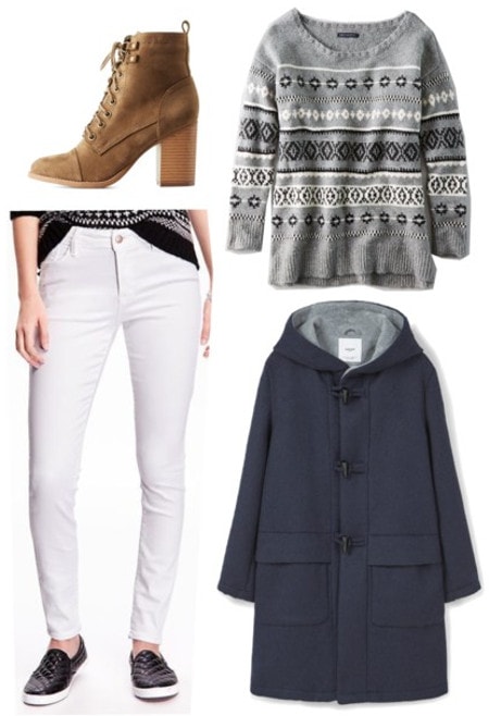 White jeans duffle coat fairisle sweater lace up boots