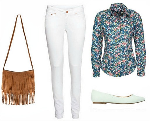 White jeans, floral blouse, mint flats