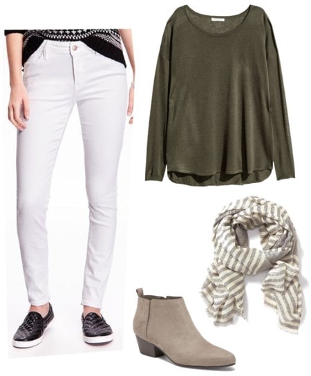 White jeans green sweater striped scarf ankle boots