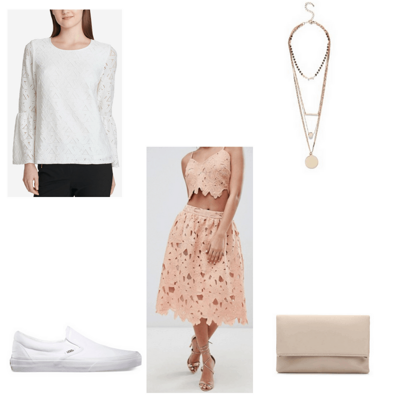 Outfit with white lace bell-sleeve top, pink crochet lace midi skirt, layered necklace, white slip-ons, and neutral clutch