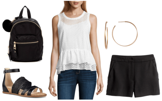 Summer outfit idea: White mesh peplum tank, black chino shorts, black strappy sandals, black mini backpack with pom pom detail, gold hoop earrings