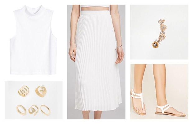 White pleated midi skirt monochromatic spring outfit