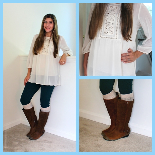 White-Sheer-Tunic-Leggings-Brown-Boots-Tan-Boot-Socks