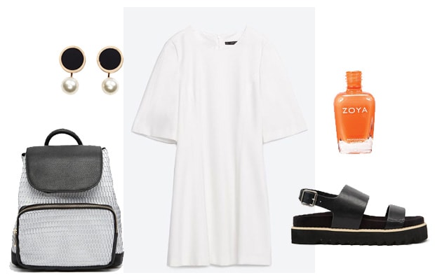 White t-shirt dress with backpack casual street outfit