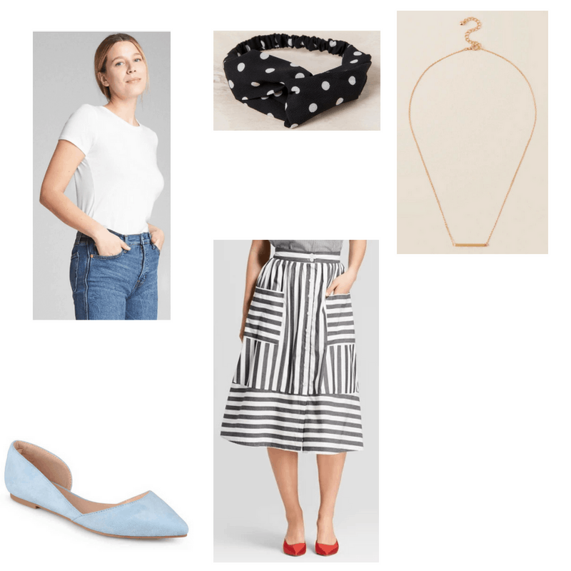 Outfit with white tee, black and white skirt, gold bar necklace, polka dot headband, and light blue flats