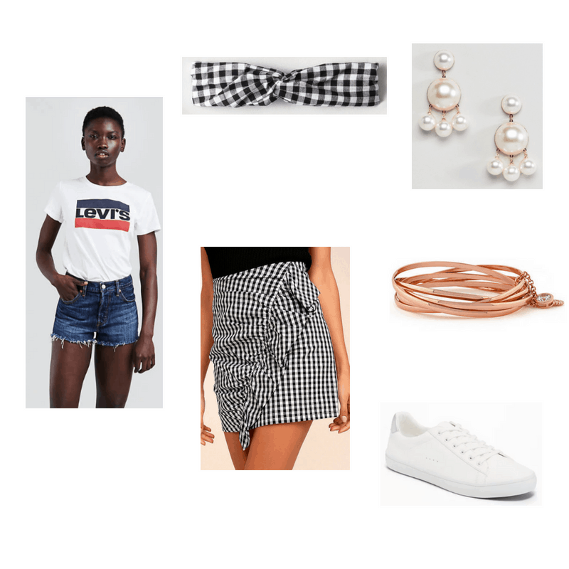 Outfit with white Levi's tee, gingham ruffle wrap skirt, gingham headband, pearl earrings, rose gold bracelet, and white sneakers