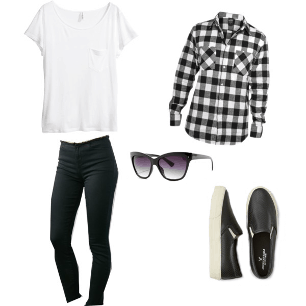 white tee, black jeans, plaid shirt