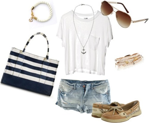 White tee shirt and jeans outfit 1: Nautical prep with striped handbag, boat shoes, sunglasses, rope bracelet, and necklace