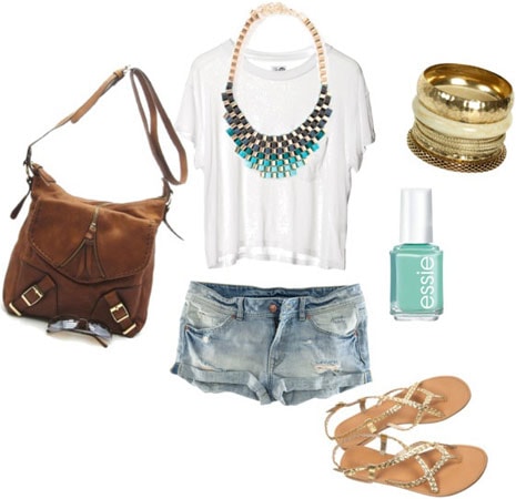 White tee shirt and jeans outfit 2: Statement necklace, turquoise nail polish, metallic sandals, brown buckled bag