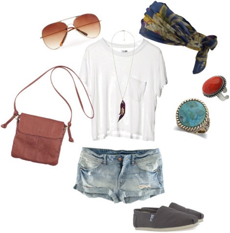 White tee shirt and jeans outfit 3: Statement rings, TOMs, cross-body bag, patterned scarf, aviators