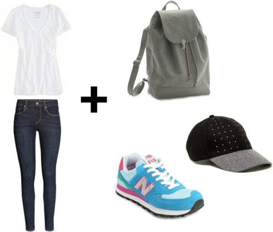 White tee, skinny jeans, baseball cap look