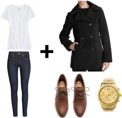 White tee, skinny jeans, pea coat look
