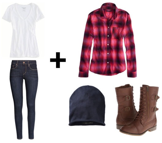 White tee skinny jeans plaid shirt