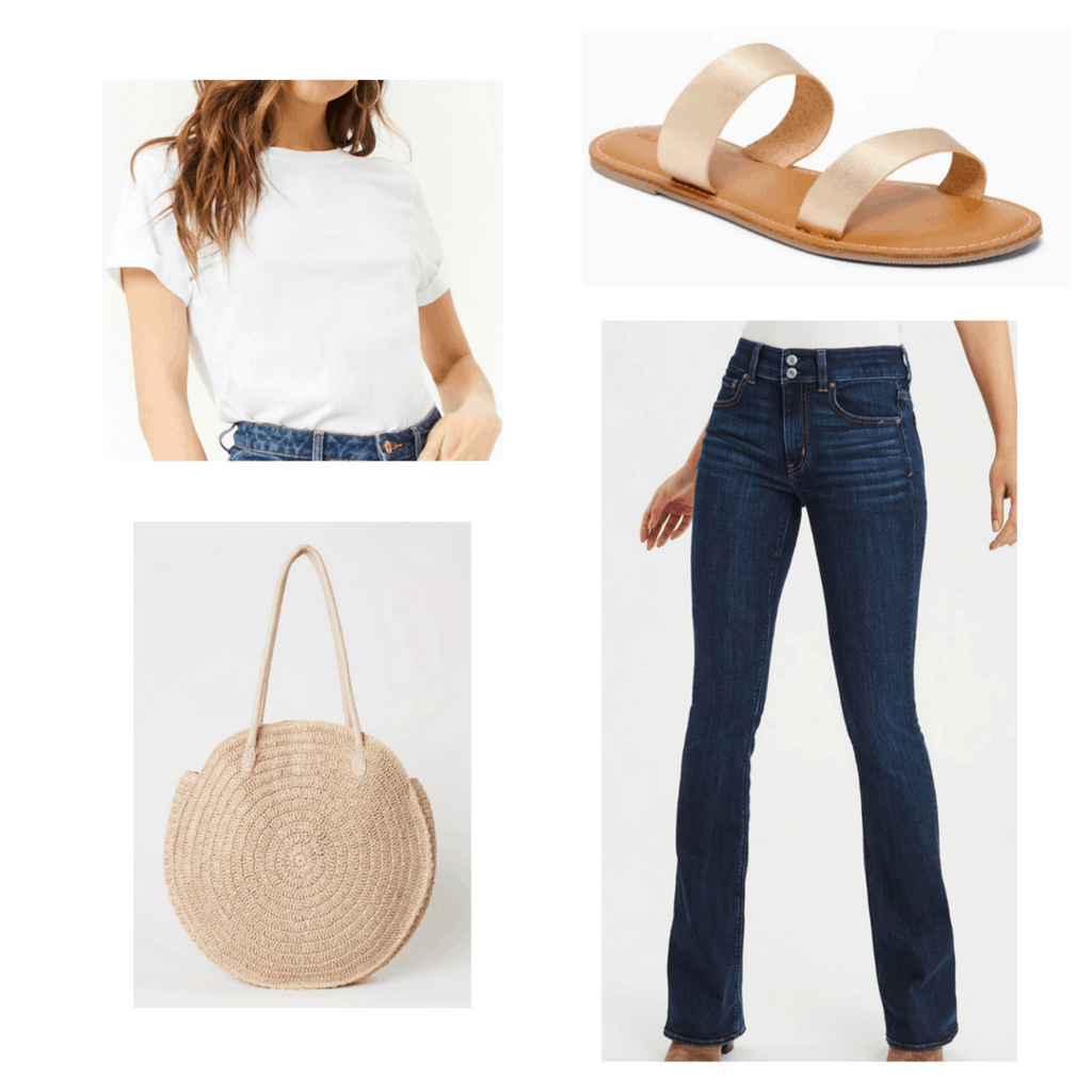 jane birkin style  - White t-shirt with high-waisted flared jeans, gold strapped sandals, and round straw bag