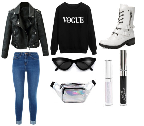 white boots set with black sweater, holographic fanny pack, leather jacket, blue jeans, cat eye sunglasses, black lipstick, and metallic eye shadow.