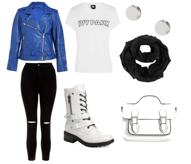 white boots for going to class with blue leather jacket, white ivy park shirt, white purse, black infinity scarf, silver earrings, and black jeans.