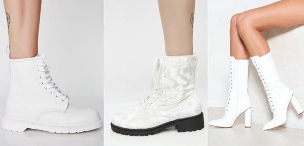 White velvet boots from Dolls Kill, white boots from Dr. Marten, and Nasty Gal.