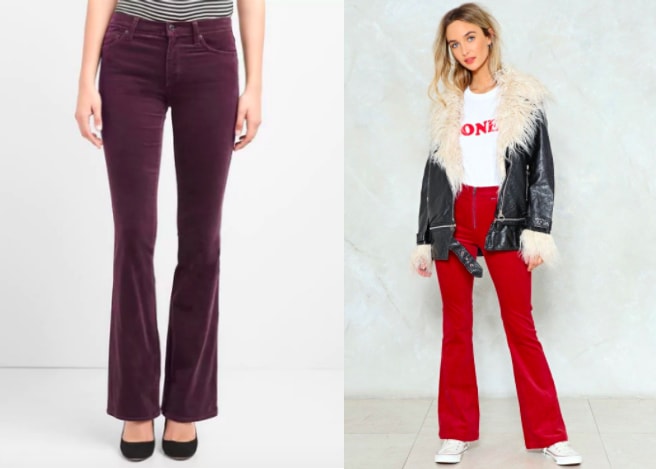 Wide leg corduroy jeans from left to right: berry purple fitted flare jeans from Gap and bright red high-waisted flare jeans from Nasty Gal.