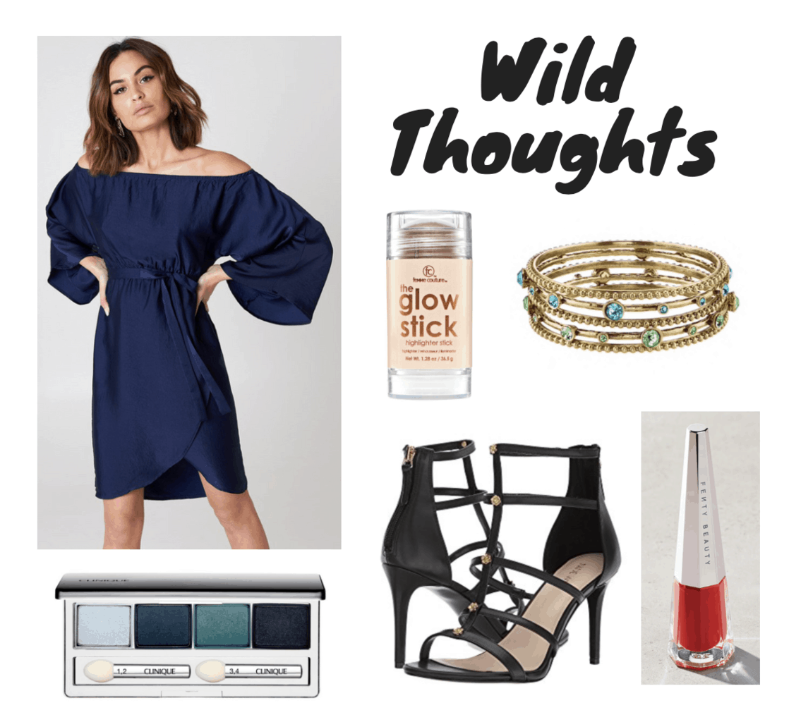 blue dress, teal shadow, strappy heels, red lip, blue bangle, highlighter