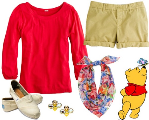 Outfit inspired by Winnie the Pooh - Red top, khaki shorts, scarf, toms