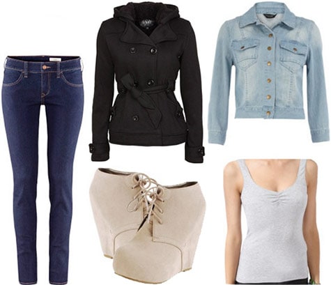 Layered outfit 1: Denim jacket and tank layered under a coat, with ankle booties and jeans
