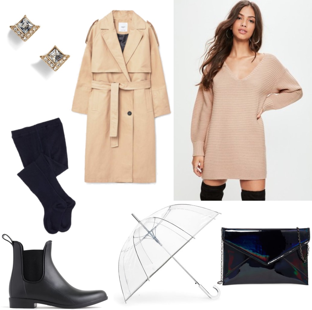 Winter rainy day outfit with sweater dress, black tights, tan trench coat, black rain boots, black clutch bag with chain strap, stud earrings