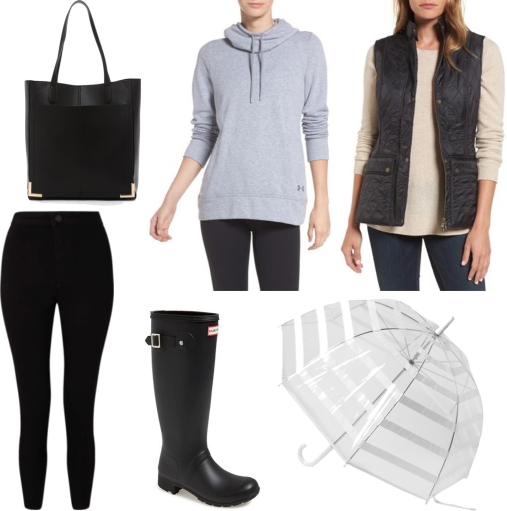 Winter rainy day outfit with black leggings, gray hoodie, black quilted vest, Hunter boots, black tote bag, clear umbrella