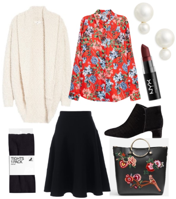 Winter work outfit: Cozy cardigan, printed button-down shirt, black midi skirt, ankle booties, embroidered tote bag, pearl earrings