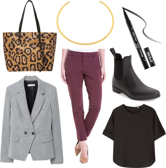 Winter work outfit: Plum skinny trousers, black tee shirt, gray blazer, ankle wellie boots, leopard print tote bag, black eyeliner