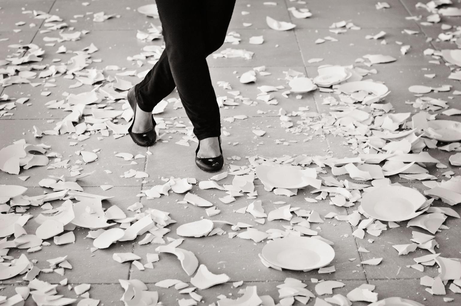 Woman walking on plates