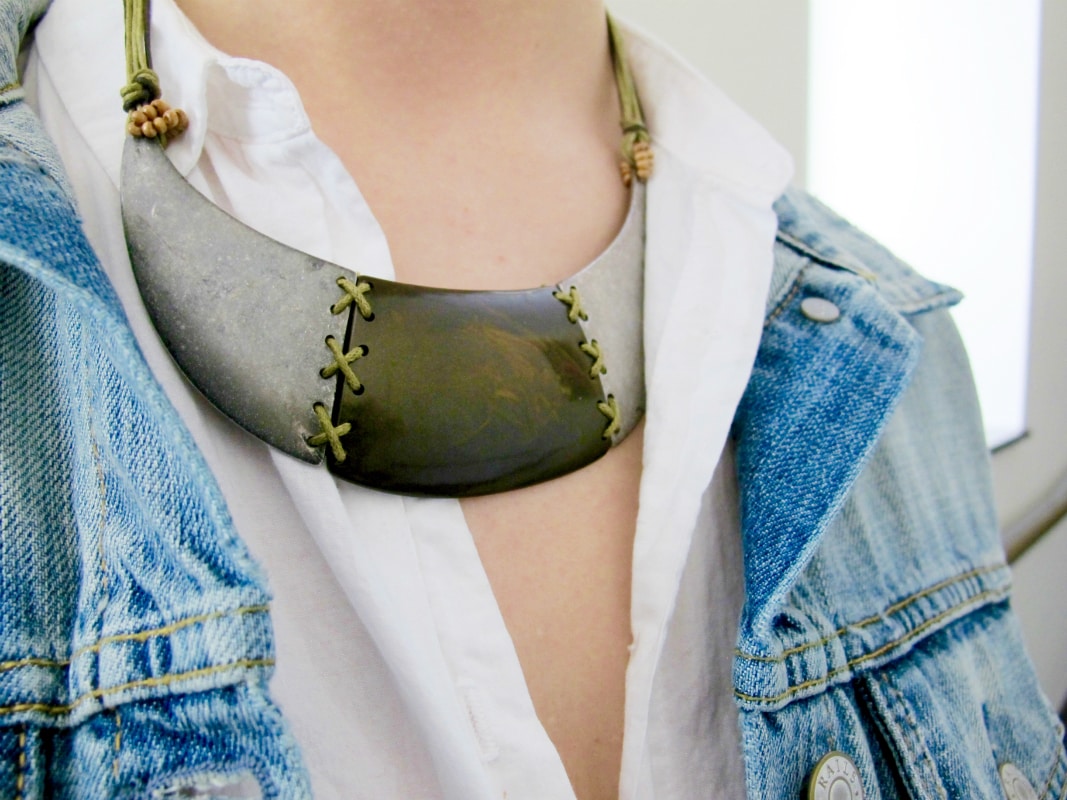 Wood, metal and leather half moon statement necklace