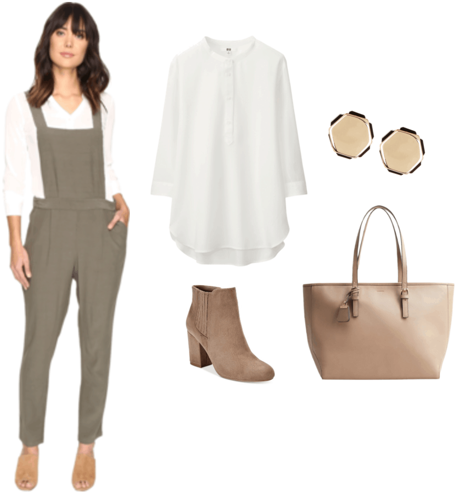 "How Do I Get Out of My Workplace Fashion Rut?" outfit #1 featuring sage jumpsuit, white stand-collar blouse, beige ankle boots, gold hexagonal earrings with black border, and beige tote