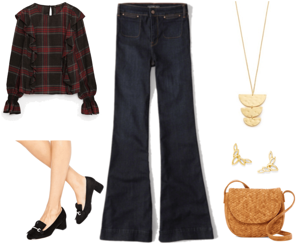 "How Do I Get Out of My Workplace Fashion Rut?" outfit #4 featuring plaid frilled blouse, black heeled loafers, dark-wash flared jeans, gold pendant, gold ear crawlers, and cognac-brown saddle bag