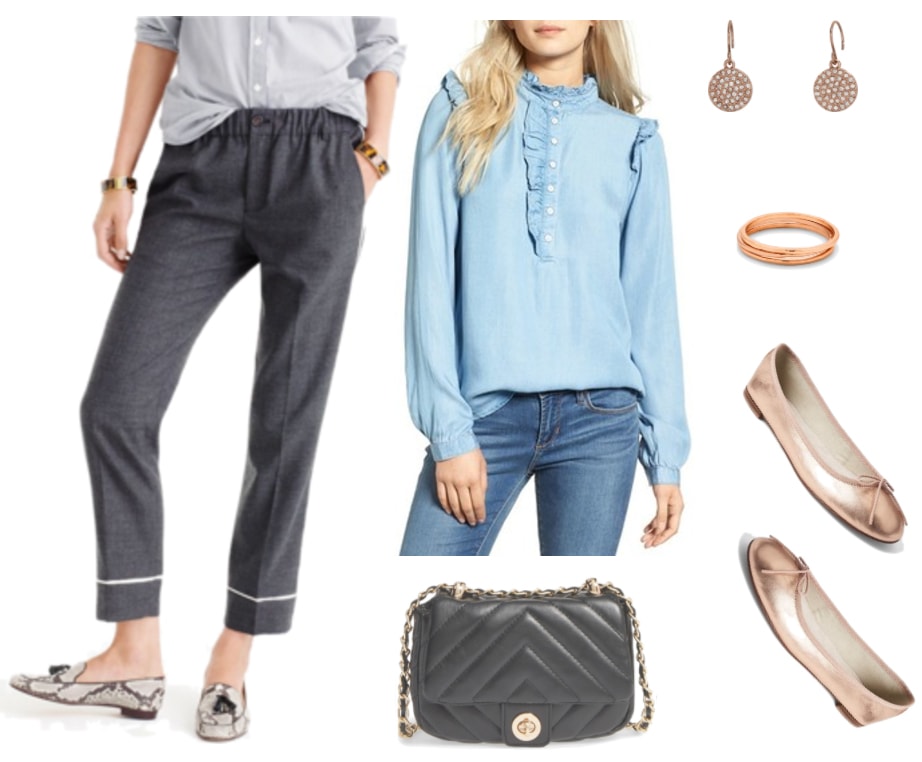 Work fashion outfit: Pajama style pants, chambray blouse, rose gold flats and jewelry, chain strap bag