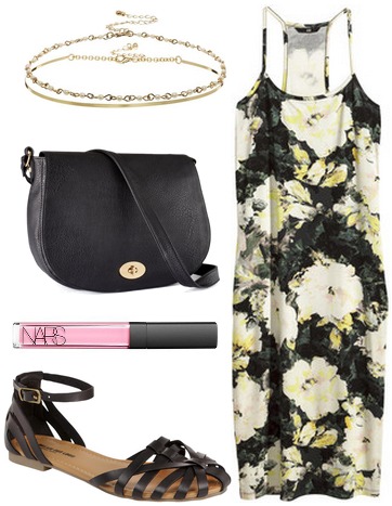 Woven sandals, printed dress, crossbody bag